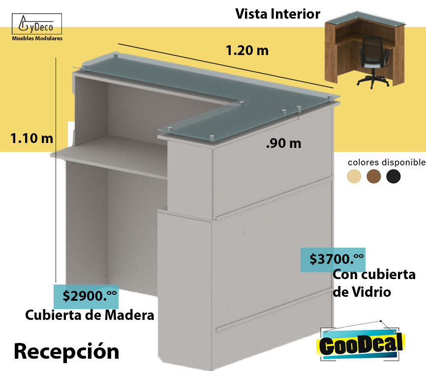 Escuadra de Módulo de Recepción con escritorio Secretarial Cubierta de Vidrio