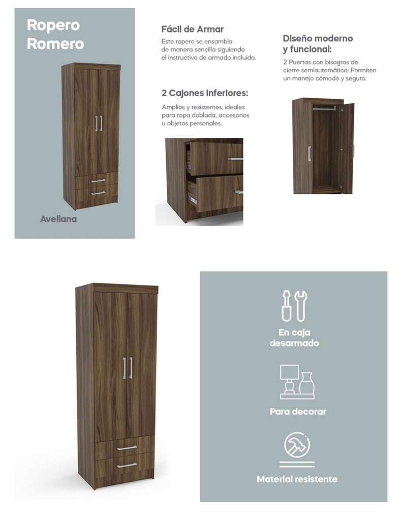 Closet ropero de madera dos puertas y dos cajones.