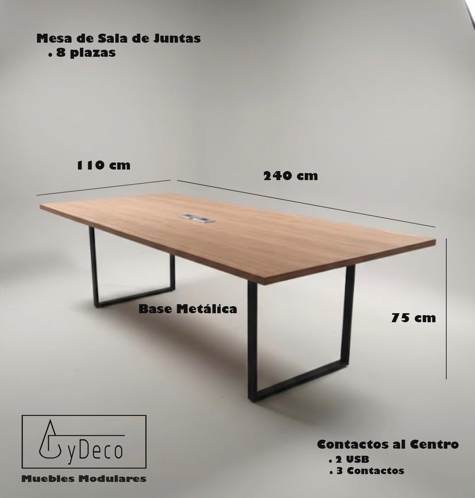 Mesa para sala de juntas 8 Plazas Base Metálica con Contactos y USB