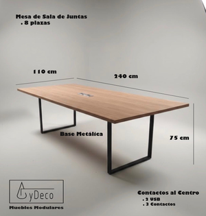 Mesa para sala de juntas 8 Plazas Base Metálica con Contactos y USB