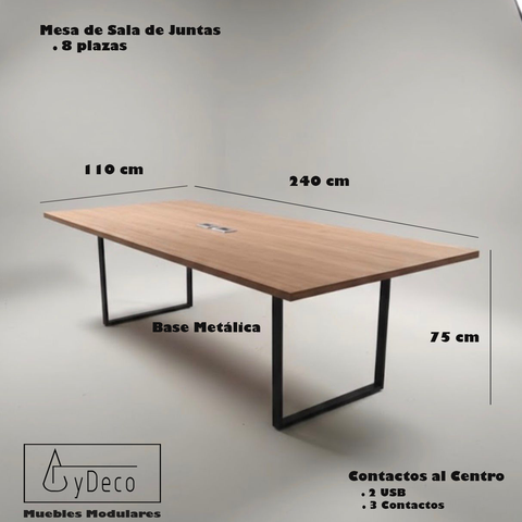 Mesa para sala de juntas 8 Plazas Base Metálica con Contactos y USB